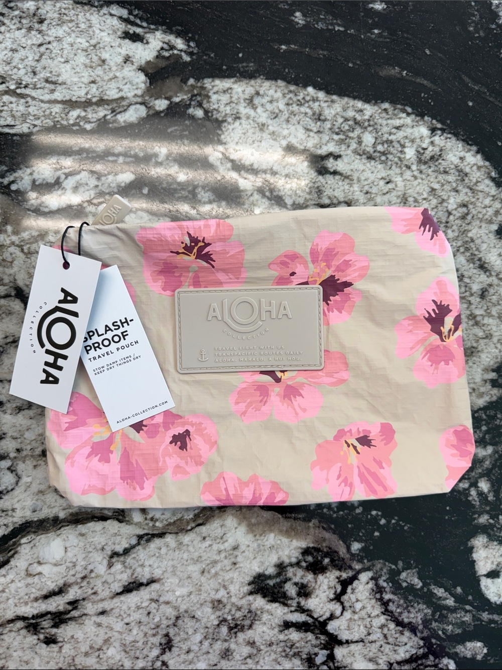 ALOHA Collection Small Beige Cosmetic Pouch with Pink Floral Print